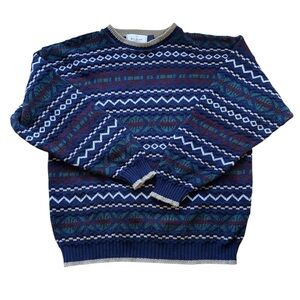 Vtg Bill Blass Grandpa Sweater Men's XXL Crewneck Cotton Blend Navy Patterned